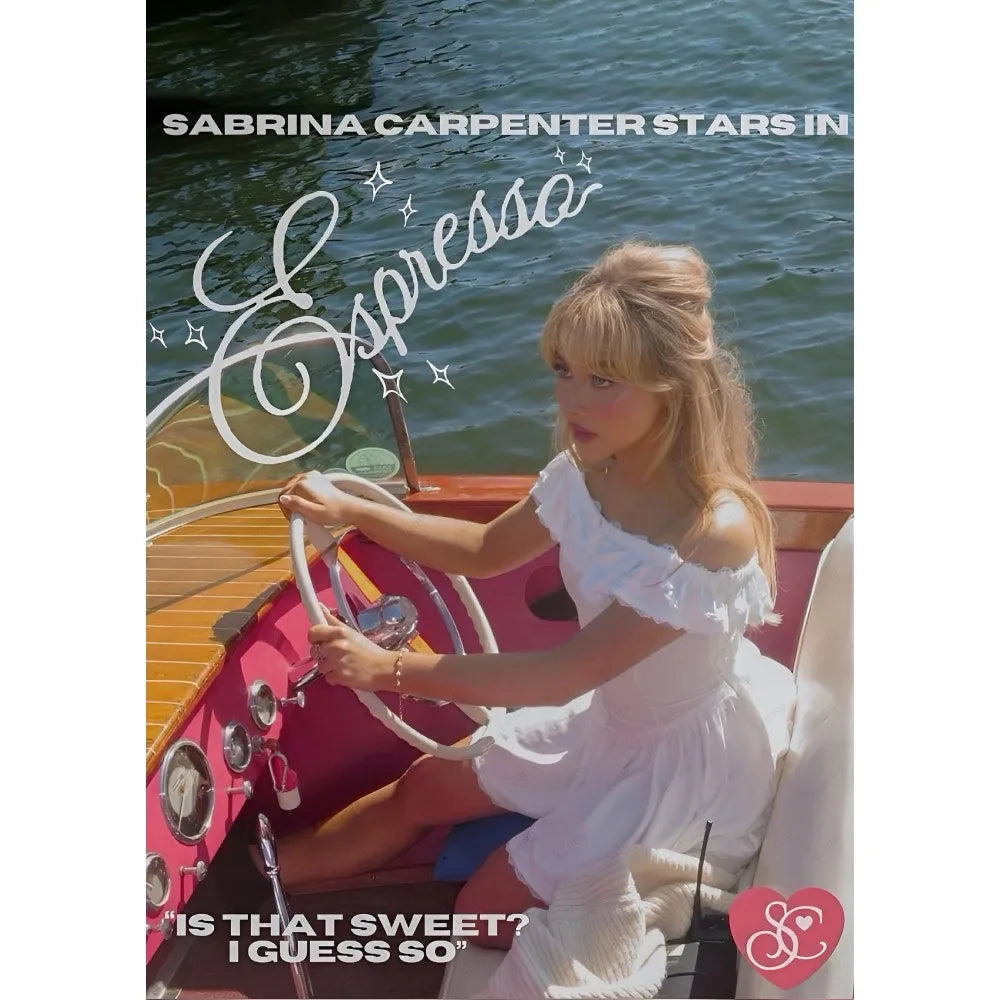 Modern graphic singer sabrina carpenter portrait poster sticky wall art with waterproof print featuring woman on pink boat