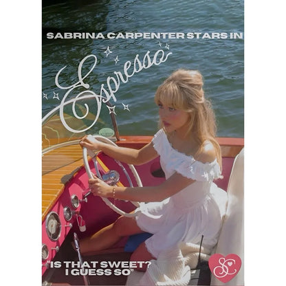 Modern graphic singer sabrina carpenter portrait poster sticky wall art with waterproof print featuring woman on pink boat