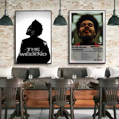 Black and white framed the weeknd poster featuring a silhouette with modern graphic for living room decor