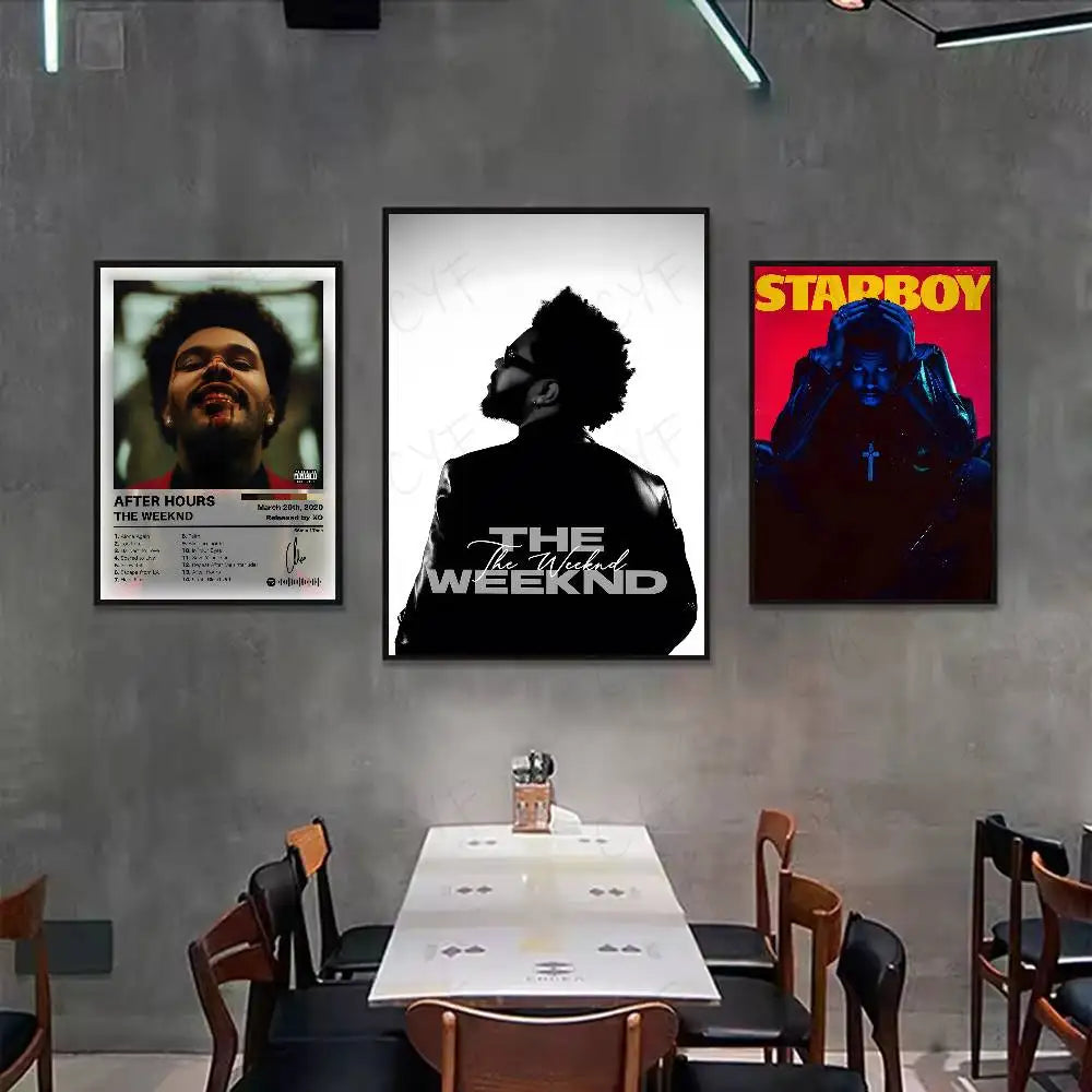 Three framed the weeknd modern graphic posters in black white red and color for living room wall decoration