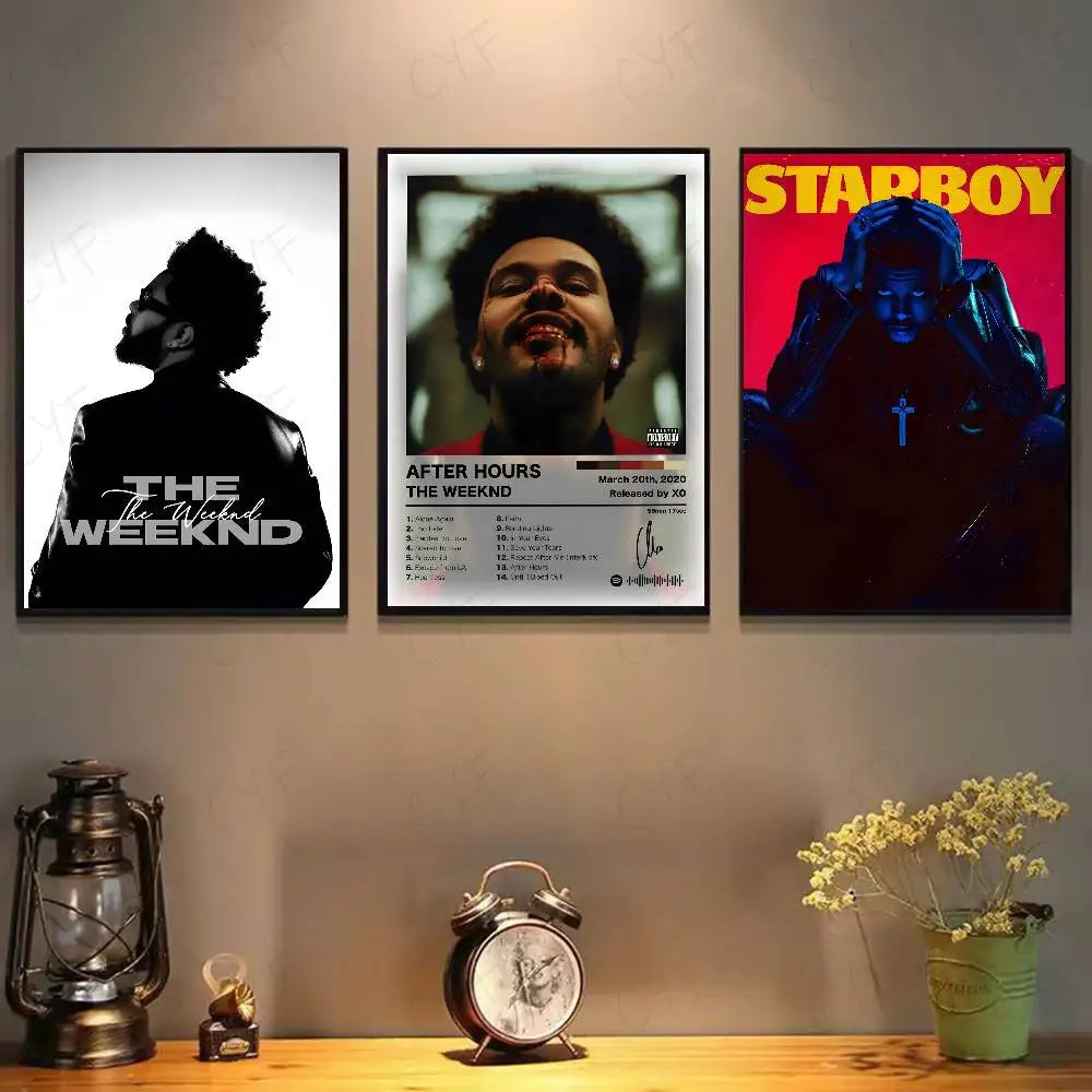 Three framed modern graphic the weeknd poster art with black and white silhouettes and vibrant album covers for living room decor