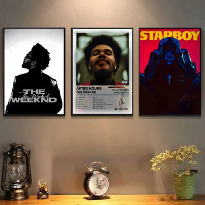 Three framed modern graphic the weeknd poster art with black and white silhouettes and vibrant album covers for living room decor