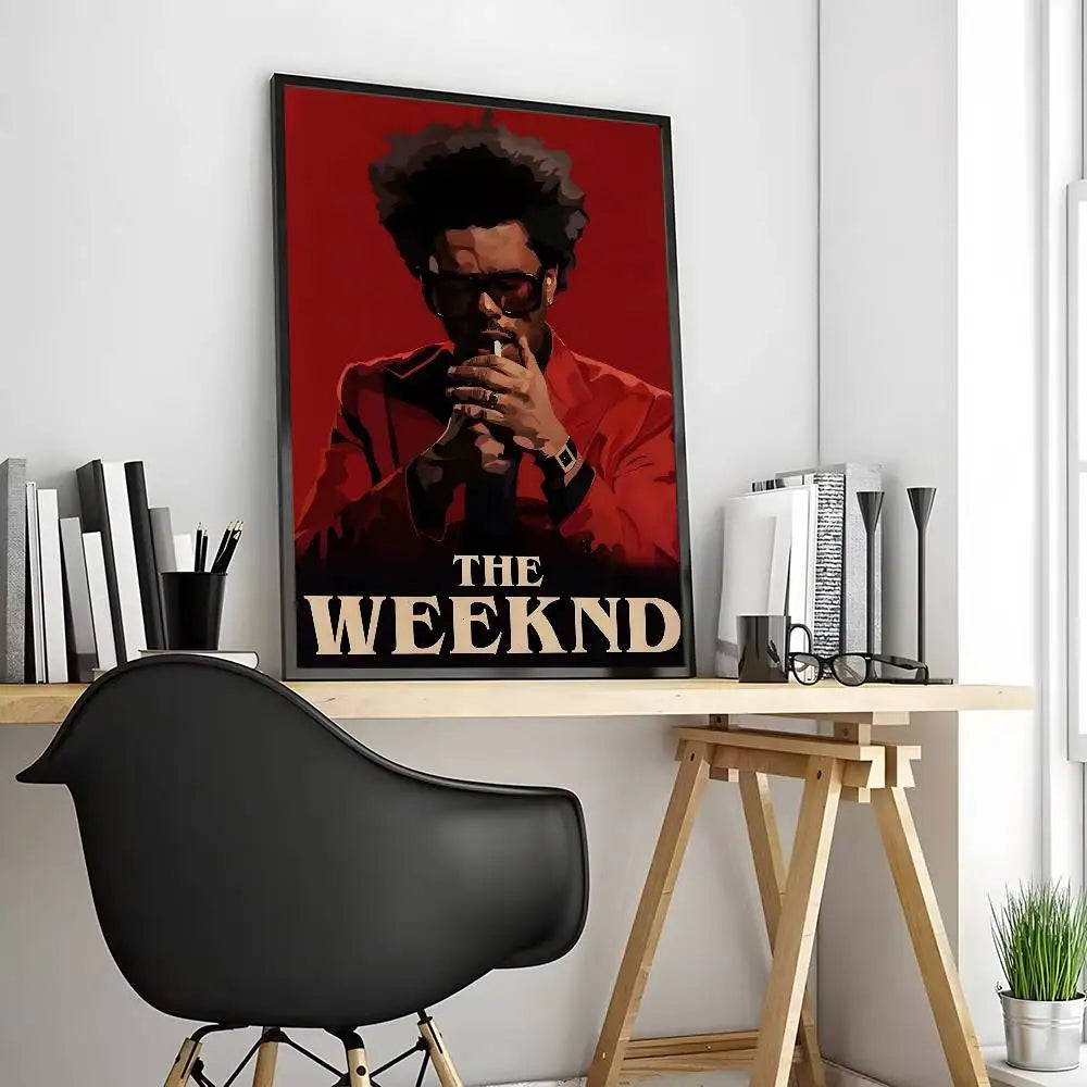 Red framed poster of the weeknd with bold black text, modern graphic for living room wall waterproof decoration