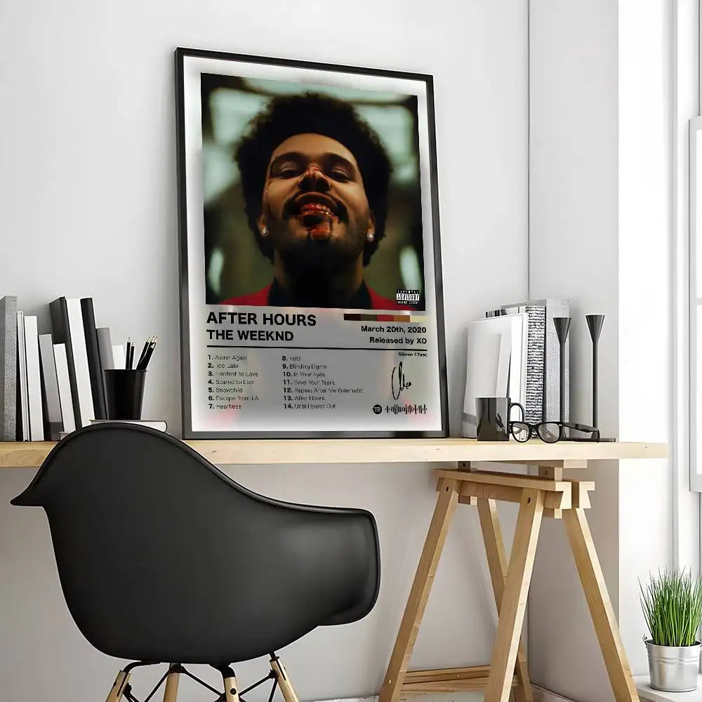 Black-framed singer t the weeknd poster features sepia portrait and white text tracklist for modern living room decor