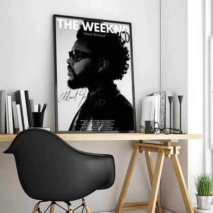 Black-and-white framed modern graphic poster of the weeknd with signature and album text for living room decor