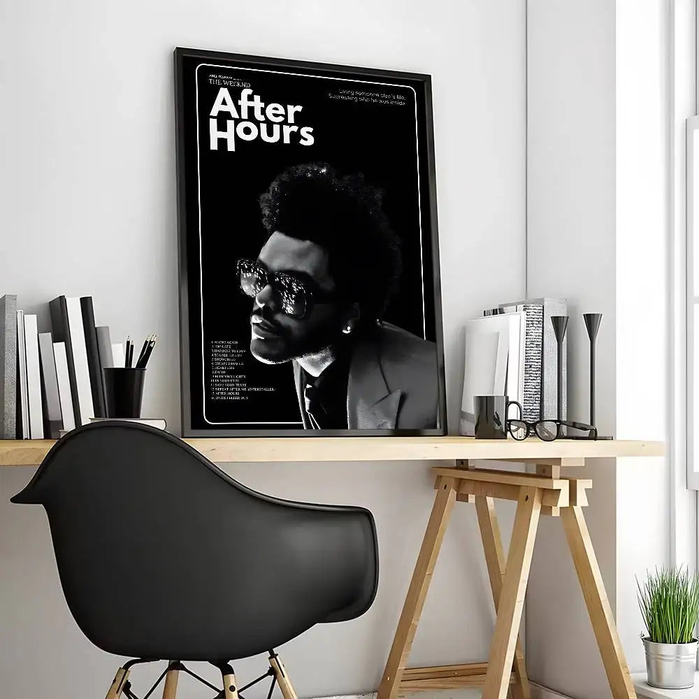 Black-framed modern graphic poster of the weeknd after hours monochrome portrait for living room decor