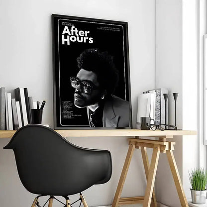 Black-framed modern graphic poster of the weeknd after hours monochrome portrait for living room decor