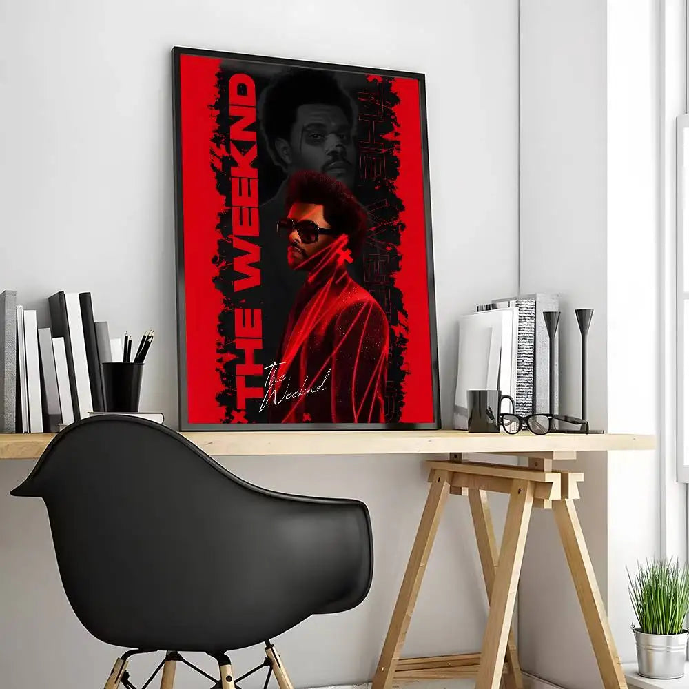 Red and black framed modern graphic the weeknd poster with bold vertical text for living room aesthetic decoration