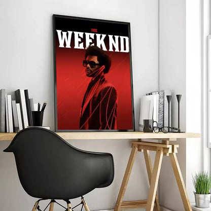 A framed singer t-the weeknd poster featuring a modern graphic in red for living room bar aesthetic decoration