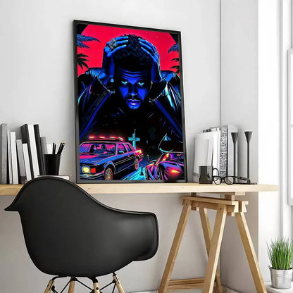 Vibrant neon modern graphic singer t-the weeknd poster art in blue and red tones for living room wall decoration