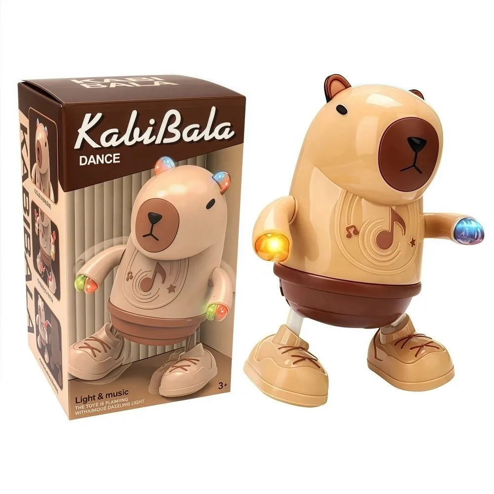 Beige and brown electric capybara toys with glowing lights and musical note designs dancing with swinging hands