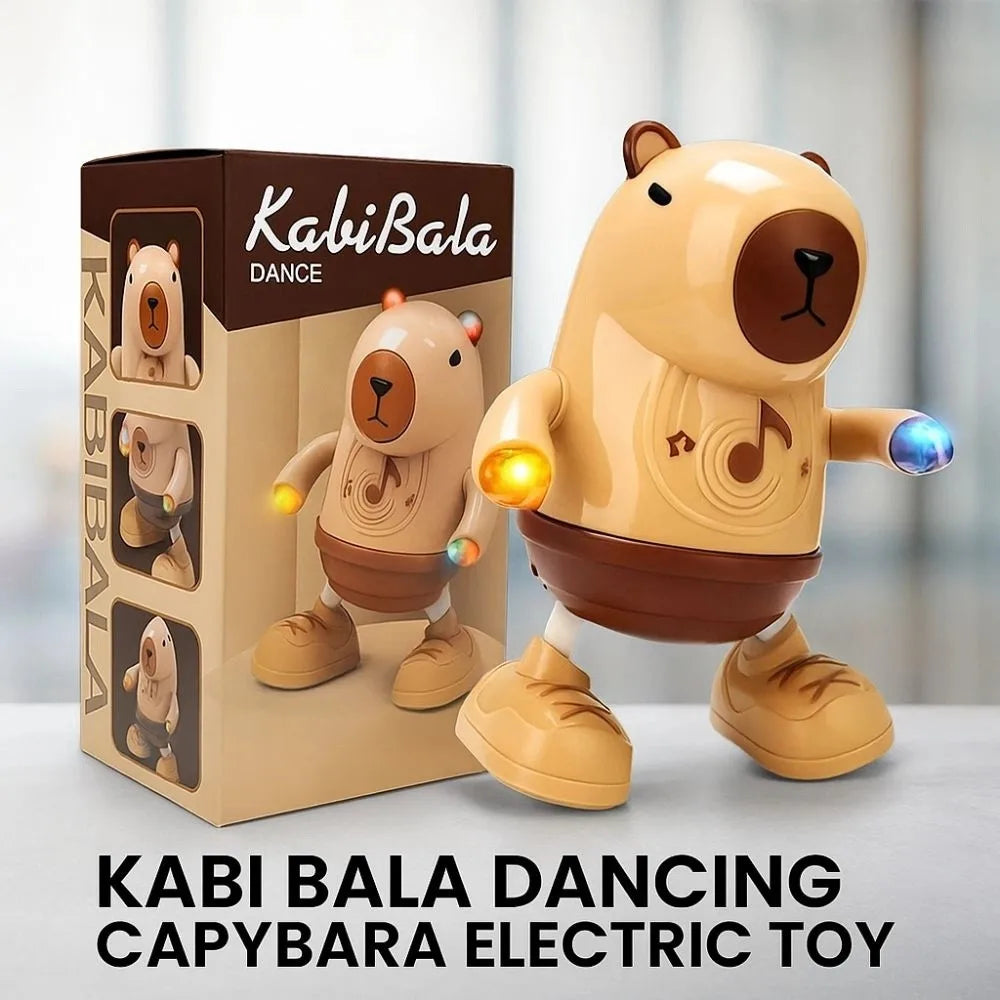 A tan and brown electric capybara dancing toy with glowing yellow and blue lights on its swinging hands for music play