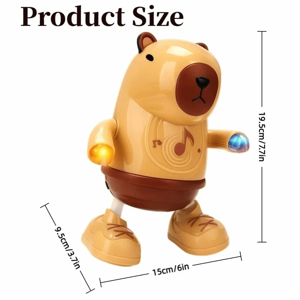 A tan and brown electric capybara toy with glowing yellow and blue lights and musical note design on chest