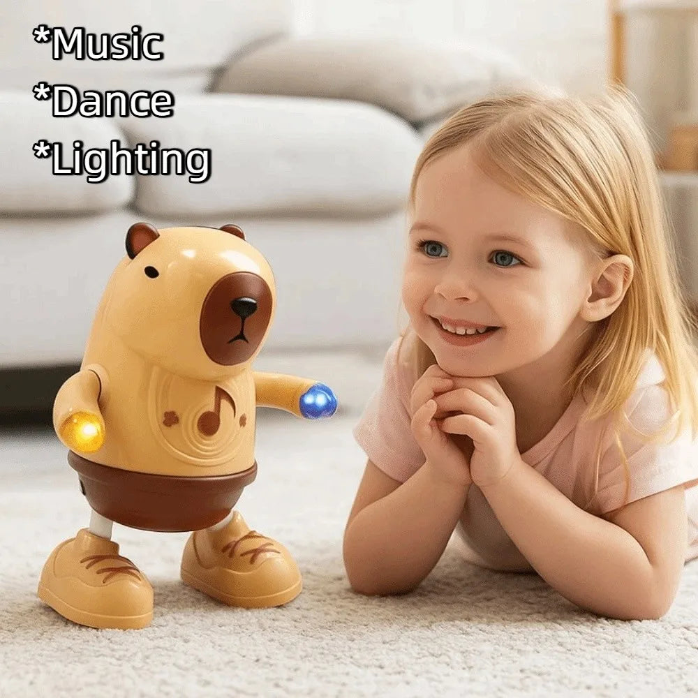 Tan and brown electric capybara toys with glowing yellow and blue lights and swinging hands for dancing and music play
