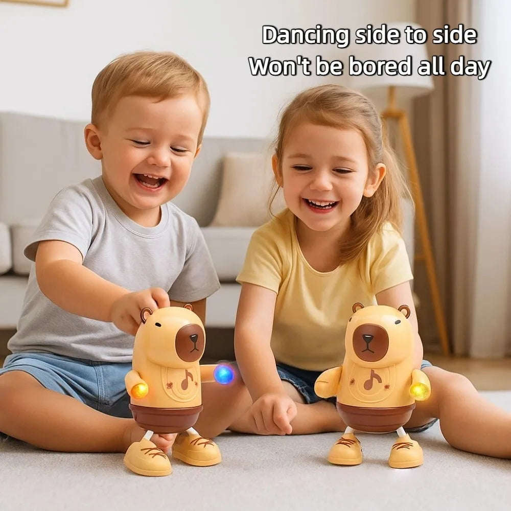 Yellow and brown electric capybara toy with glowing arm lights singing and dancing for durable entertainment