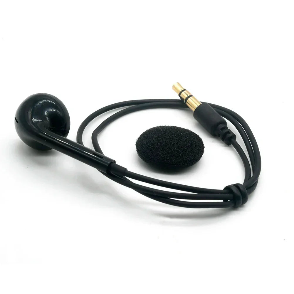 Black single sided wired headphone earbud drivers with gold 3.5mm jack and foam windscreen for walkie talkie multifunctional use