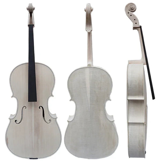 A sleek sinomusik handmade custom silver-finished cello with glossy finish and black strings professional grade italian craft