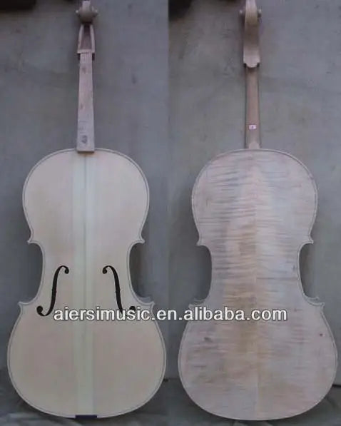 Two sinomusik handmade custom unfinished white cellos showing front with black f-holes and back of professional grade italian wood