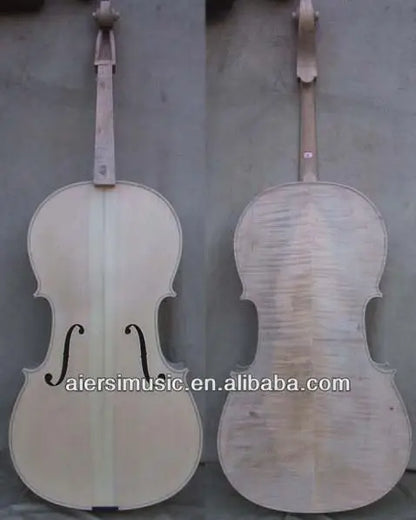 Two sinomusik handmade custom unfinished white cellos showing front with black f-holes and back of professional grade italian wood