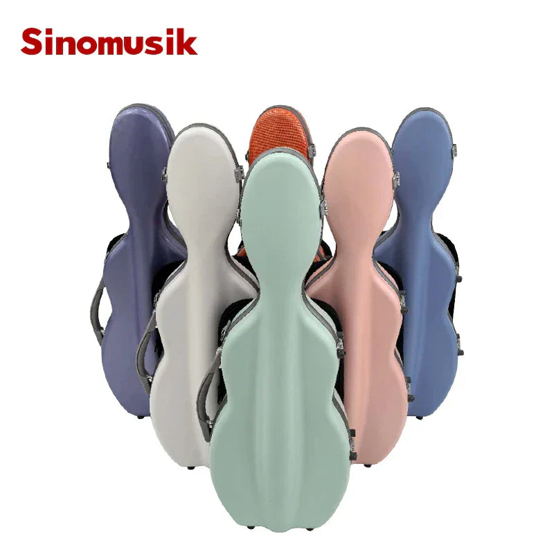 Pastel-colored sinomusik high quality hard case archtop cello cases in mint blush pink lavender fiberglass factory wholesale