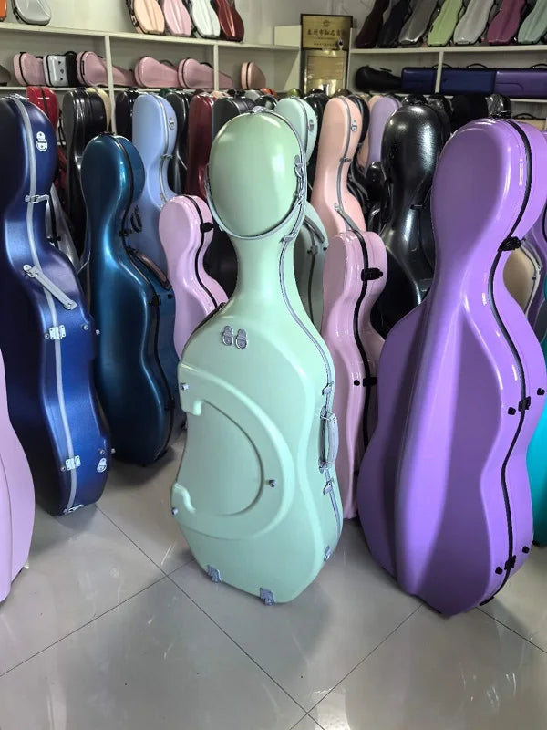 Pastel mint-colored sinomusik high quality hard case archtop cello made of fiberglass with a sleek ergonomic design