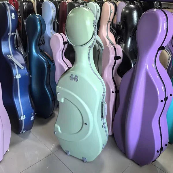 A sleek mint-green sinomusik high quality hard case archtop fiberglass cello case for wholesale factory use