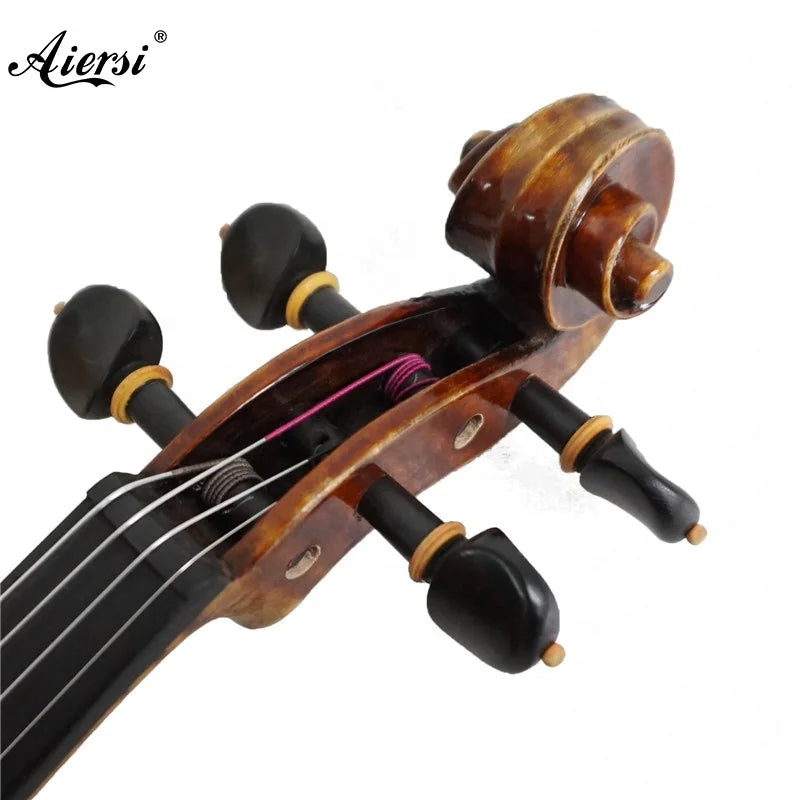 Aiersi brand violin headstock with a rich brown italian style wood finish and gold accented black tuning pegs on sinomusik high quality master level violin