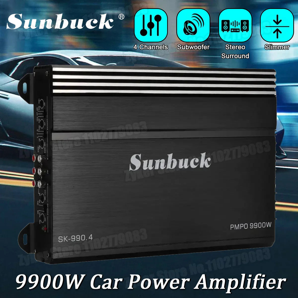 Black sunbuck sk-990.4 12v car power amplifier with brushed metal finish digital stereo surround and passive subwoofer audio