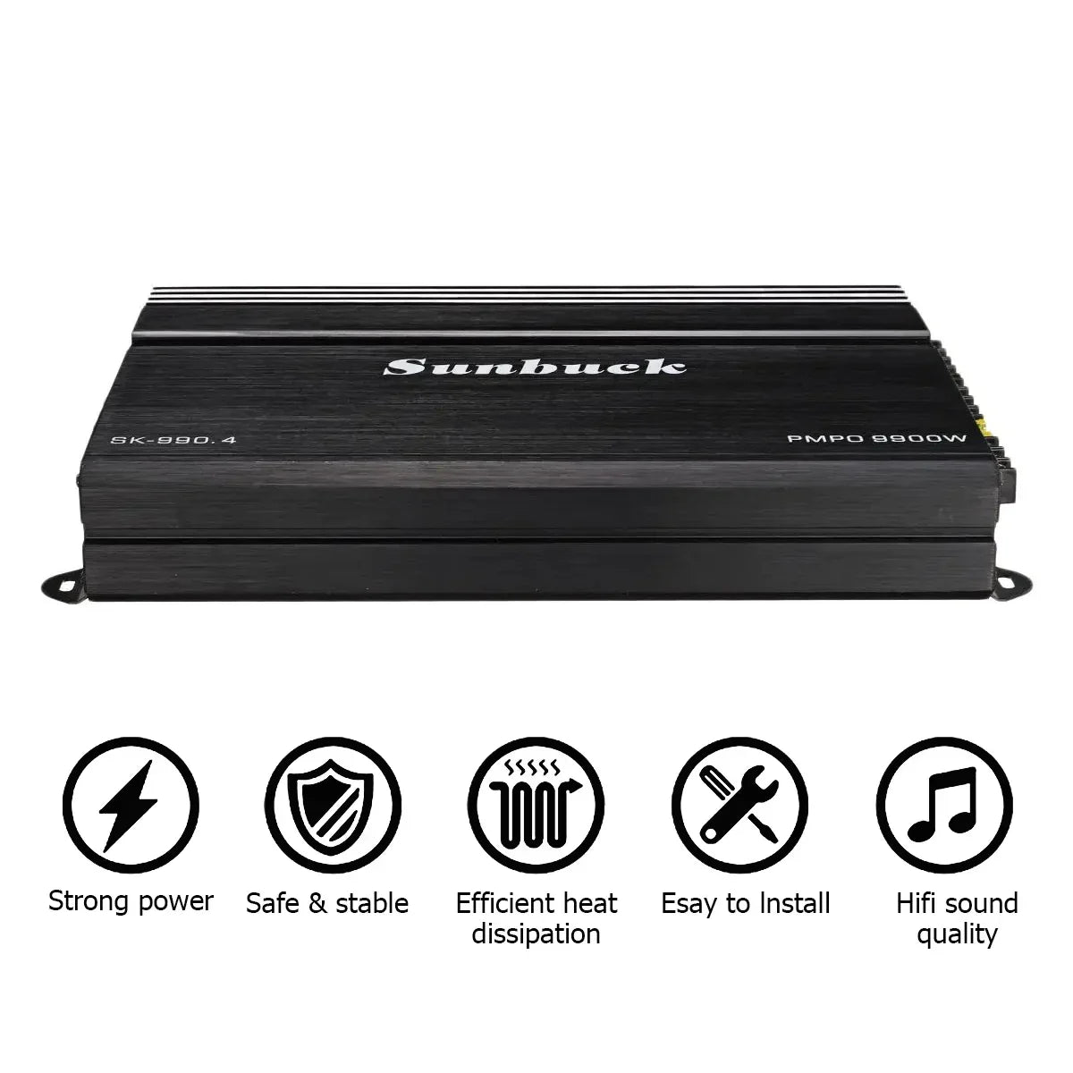 Black sunbuck sk-990.4 12v car power amplifier with brushed metal finish silver branding for digital stereo surround and passive subwoofer audio