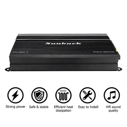 Black sunbuck sk-990.4 12v car power amplifier with brushed metal finish silver branding for digital stereo surround and passive subwoofer audio