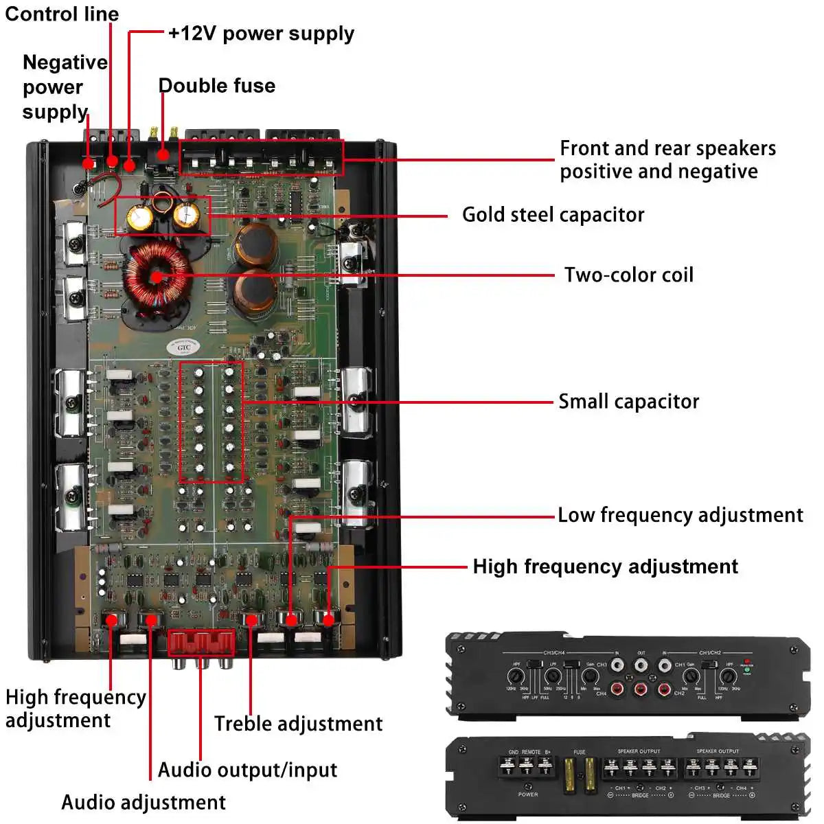 Black sk-990.4 12v car power amplifier with gold steel capacitor and two-color coil for digital stereo surround and passive subwoofer audio