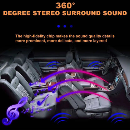 Car interior with black leather seats and sk-990.4 12v car power amplifier featuring digital stereo surround and passive subwoofer audio