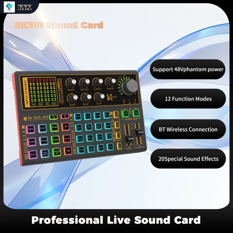 Black sk300 sound card interface mixer professionale with colorful illuminated buttons and voice changer multiple effects for live use