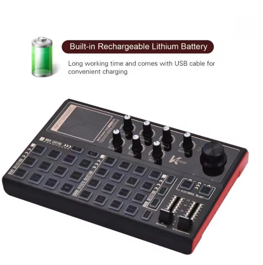 Black and red sk300 sound card interface mixer professionale with built-in rechargeable battery and voice changer multiple effects