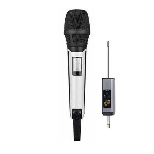 Black and silver skm205 uhf professional wireless microphone with mesh grille and matching receiver for karaoke dj recording