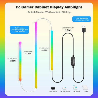 Skydimo smart rgb 24-inch gaming pc cabinet lights strip music game sync with vibrant rainbow ambilight and usb cable