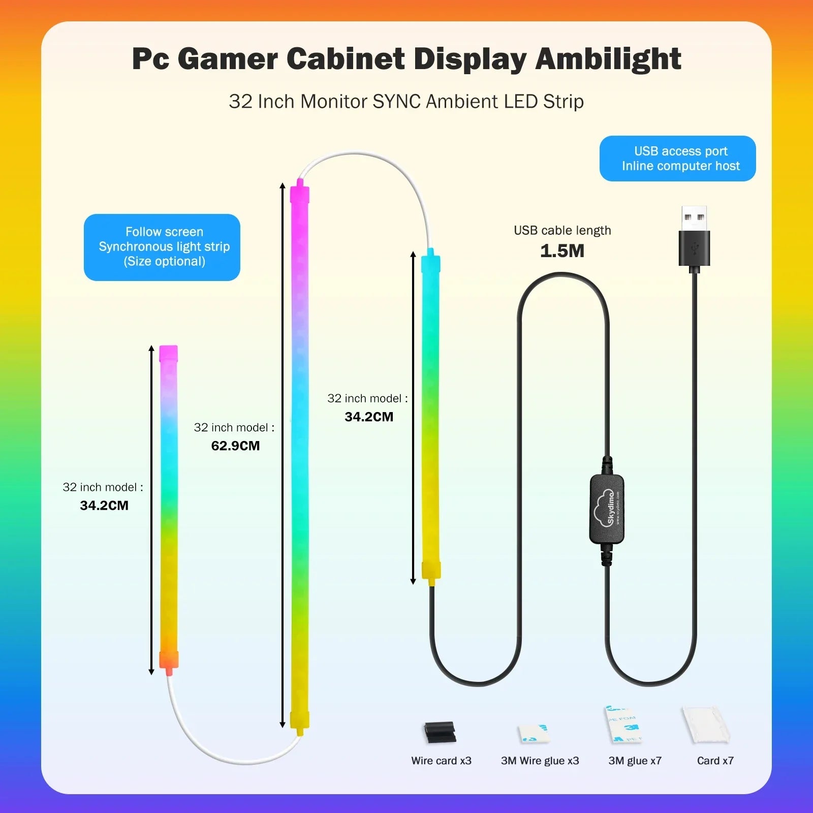Skydimo smart RGB 32-inch LED strip with music game sync USB cable and accessories for PC gamer cabinet display ambilight