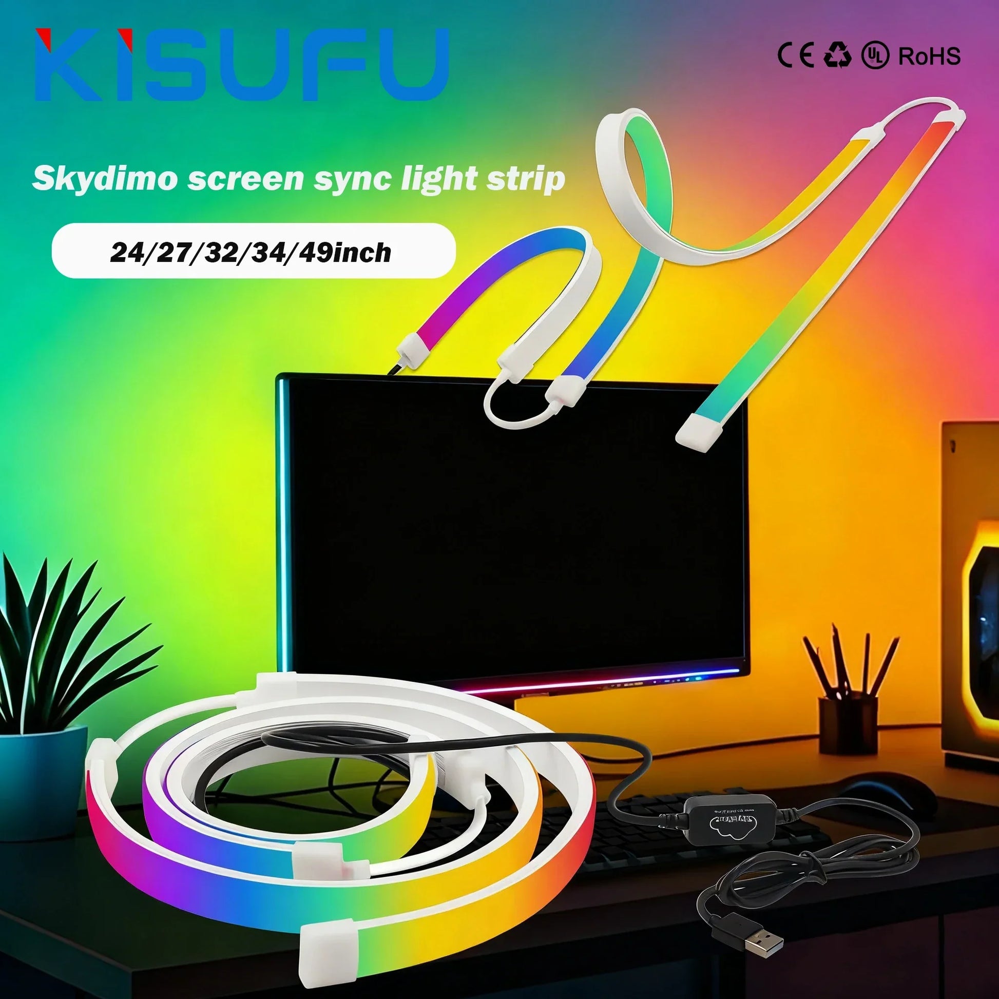 Kisufu skydimo smart rgb lights strip music 24’’ 27’’ 49’’ flexible white led ribbon with vibrant rainbow sync colors