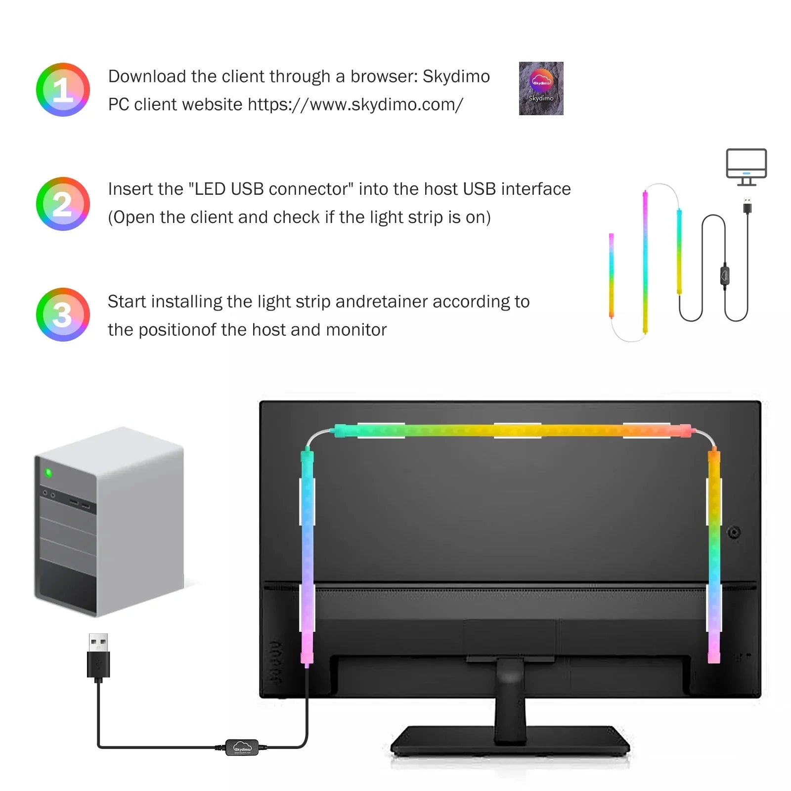 Skydimo smart rgb lights strip music with flexible rainbow-colored led tubing and usb connector for computer monitors