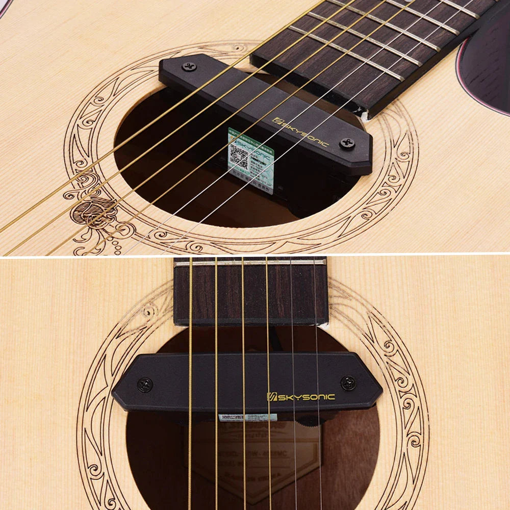 Black Skysonic bridge guitar active soundhole pickup with gold lettering and screws for soundhole pickup magnetic and microphone dual pickup systems