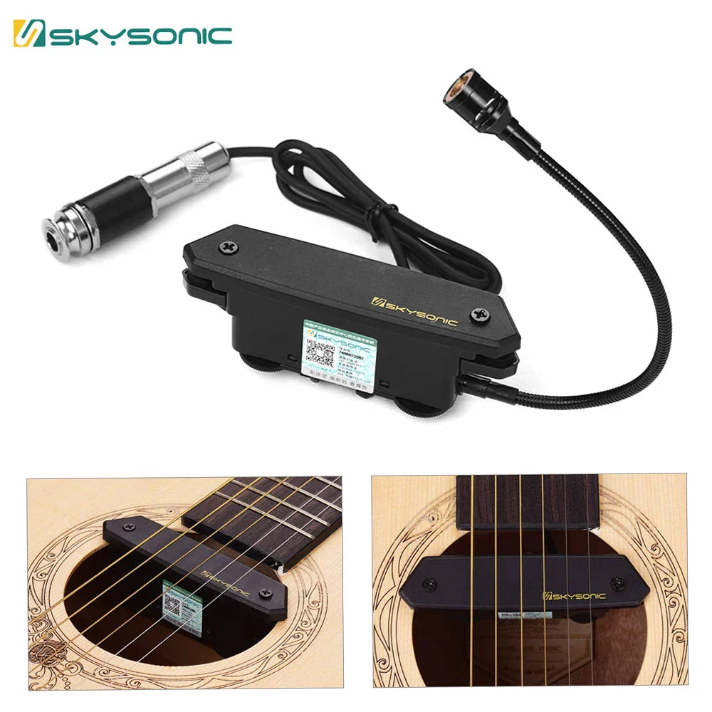 Black skysonic guitar active soundhole pickup with flexible black cable and metallic connector for acoustic guitar use