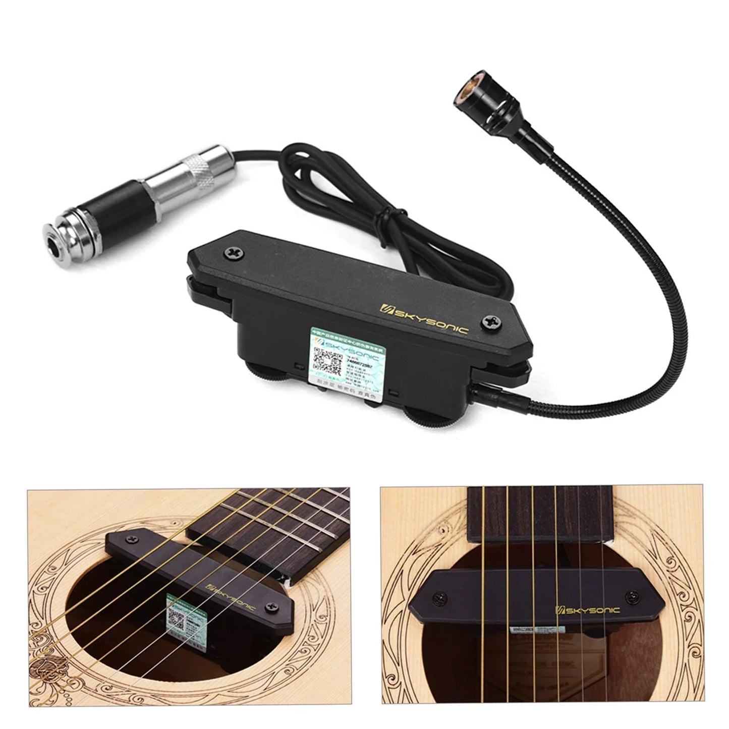 Black skysonic guitar active soundhole pickup with flexible cable and metallic connector for microphone dual pickup use