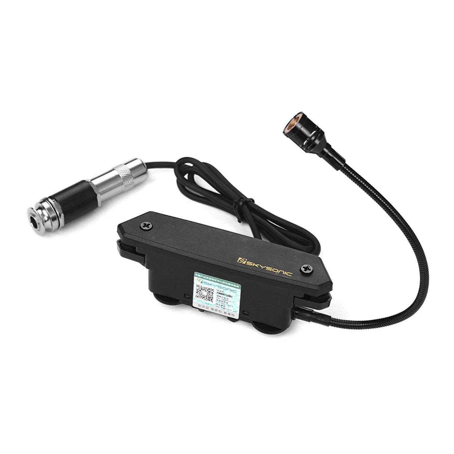 Black skysonic guitar active soundhole pickup with silver metallic connector and microphone dual pickup system cable