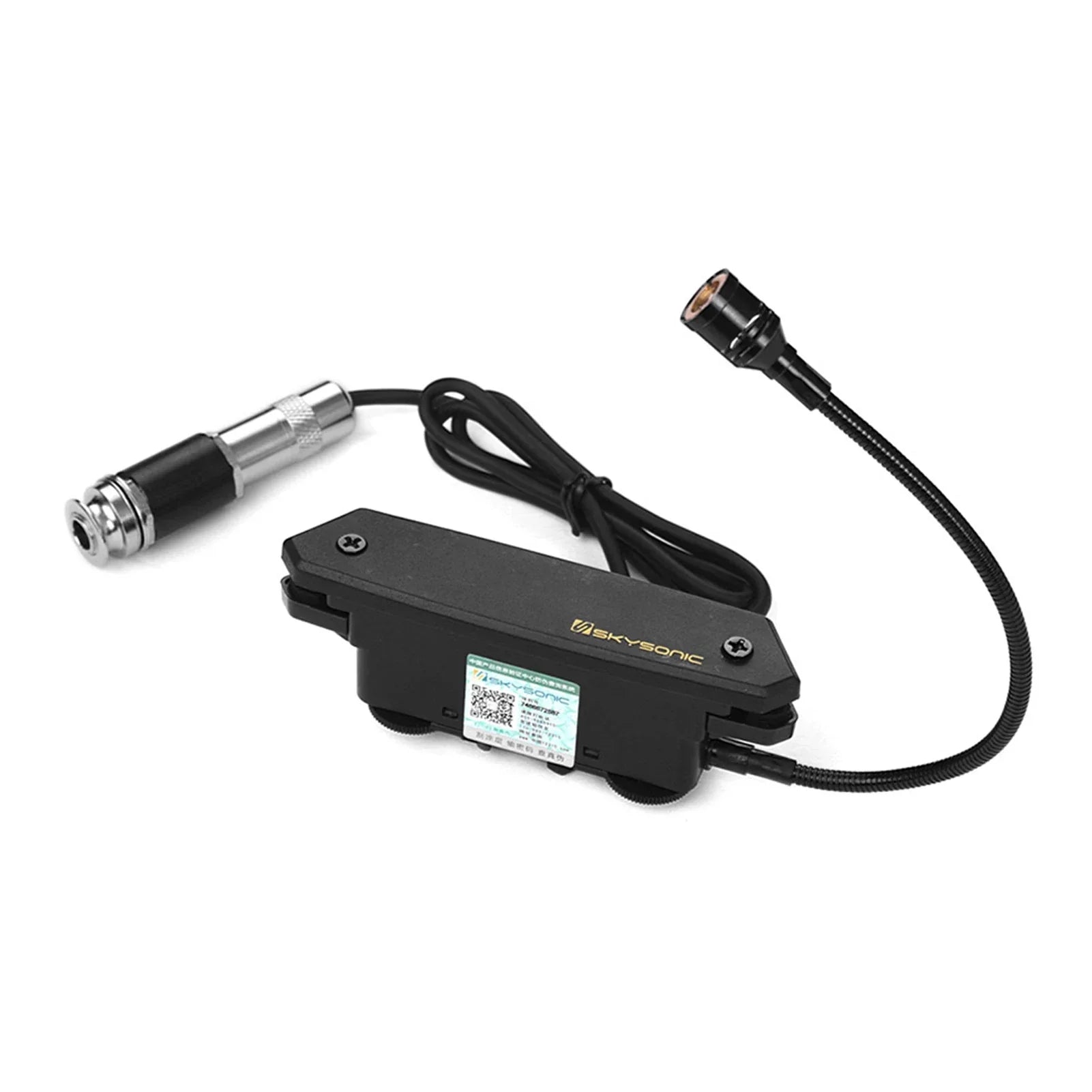 Black skysonic guitar active soundhole pickup with silver metallic connector and microphone dual pickup system cable