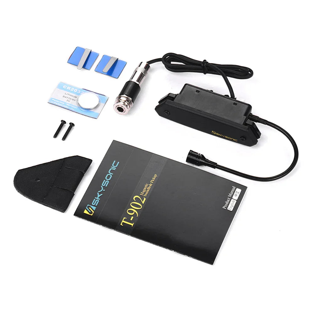 Black Skysonic T-902 wireless car key fob transmitter with cable and mounting bracket for guitar active soundhole use