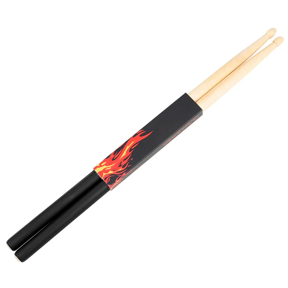 Pair 5a maple professional wooden percussion drumsticks in black with vibrant flame design and natural wood tips