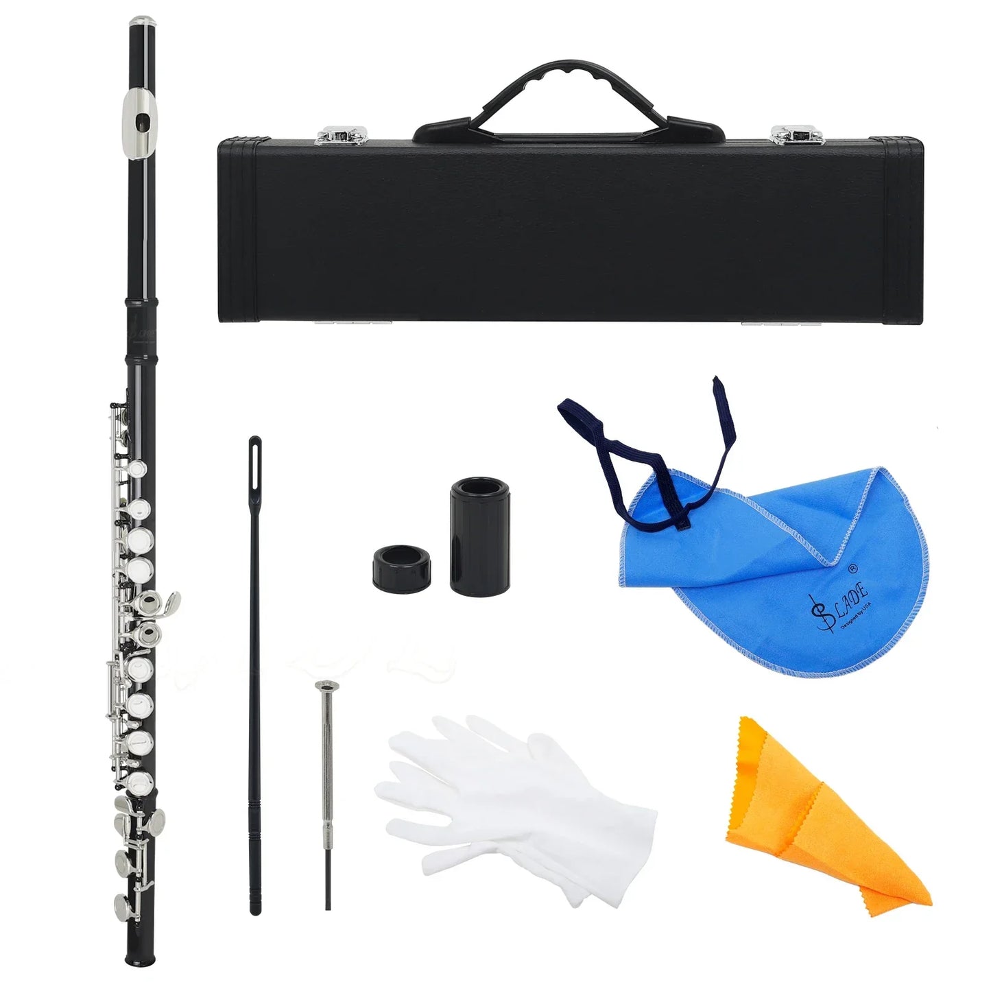 Black slaade 16 key flute with silver plated professional closed open holes and matching black case for concert use