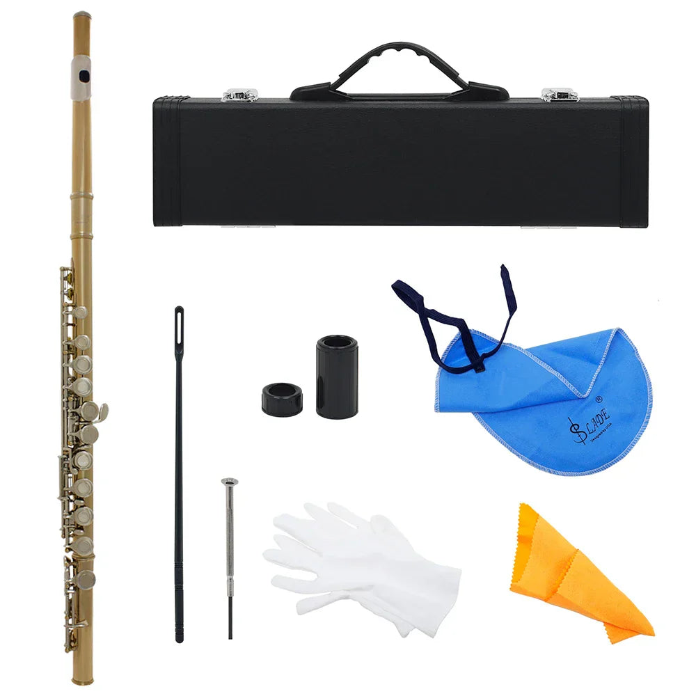 Gold-colored bamboo body key flute with silver plated professional closed open holes in black carrying case