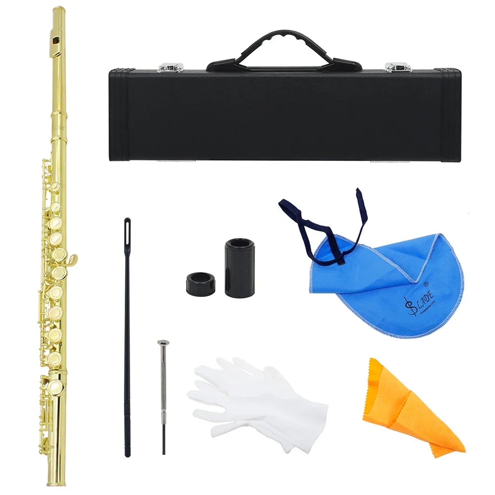 Gold-colored key flute with silver plated professional closed open holes and black carrying case for concert use