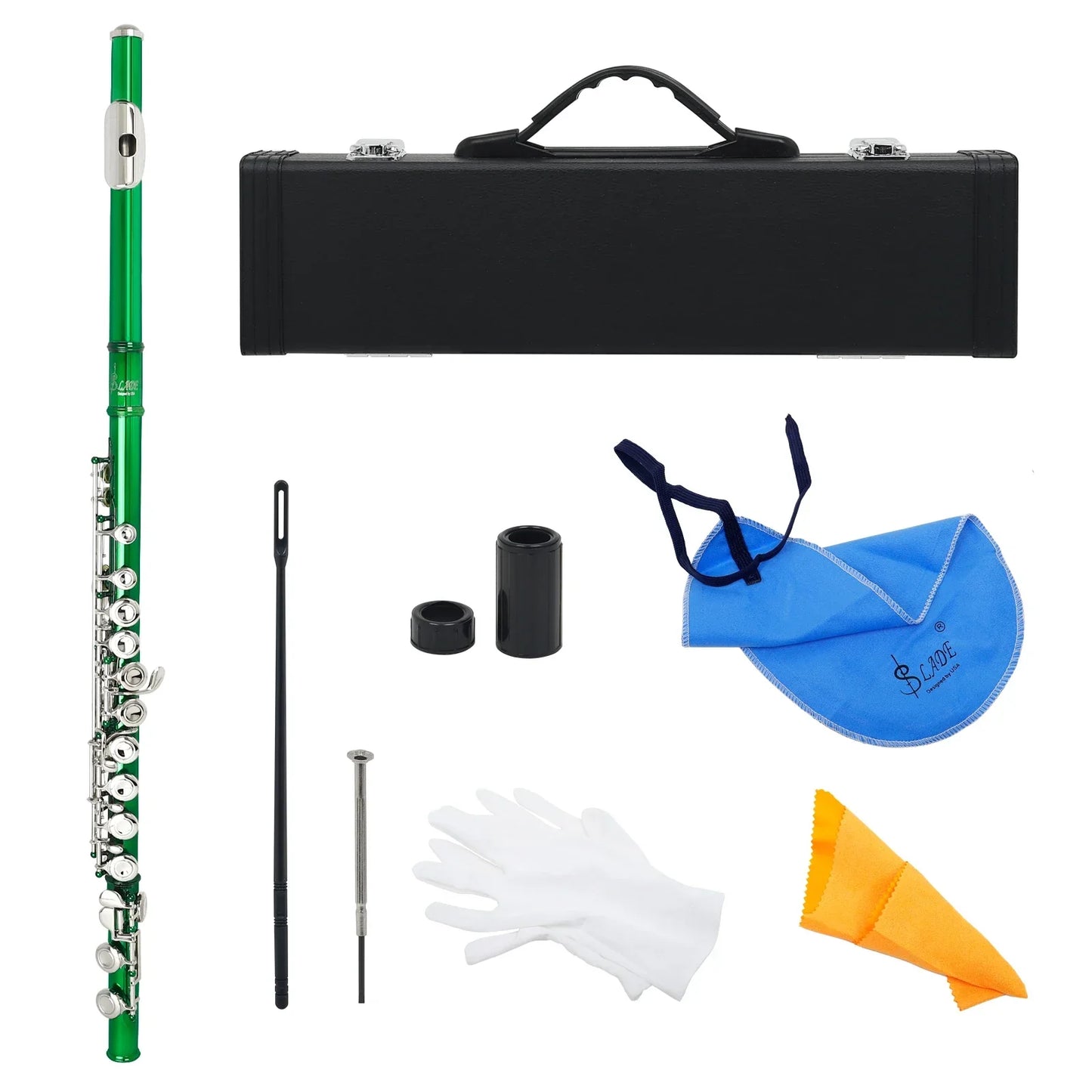 Slade 16 green closed open holes c key flute silver plated professional with silver keys and black case for concerts